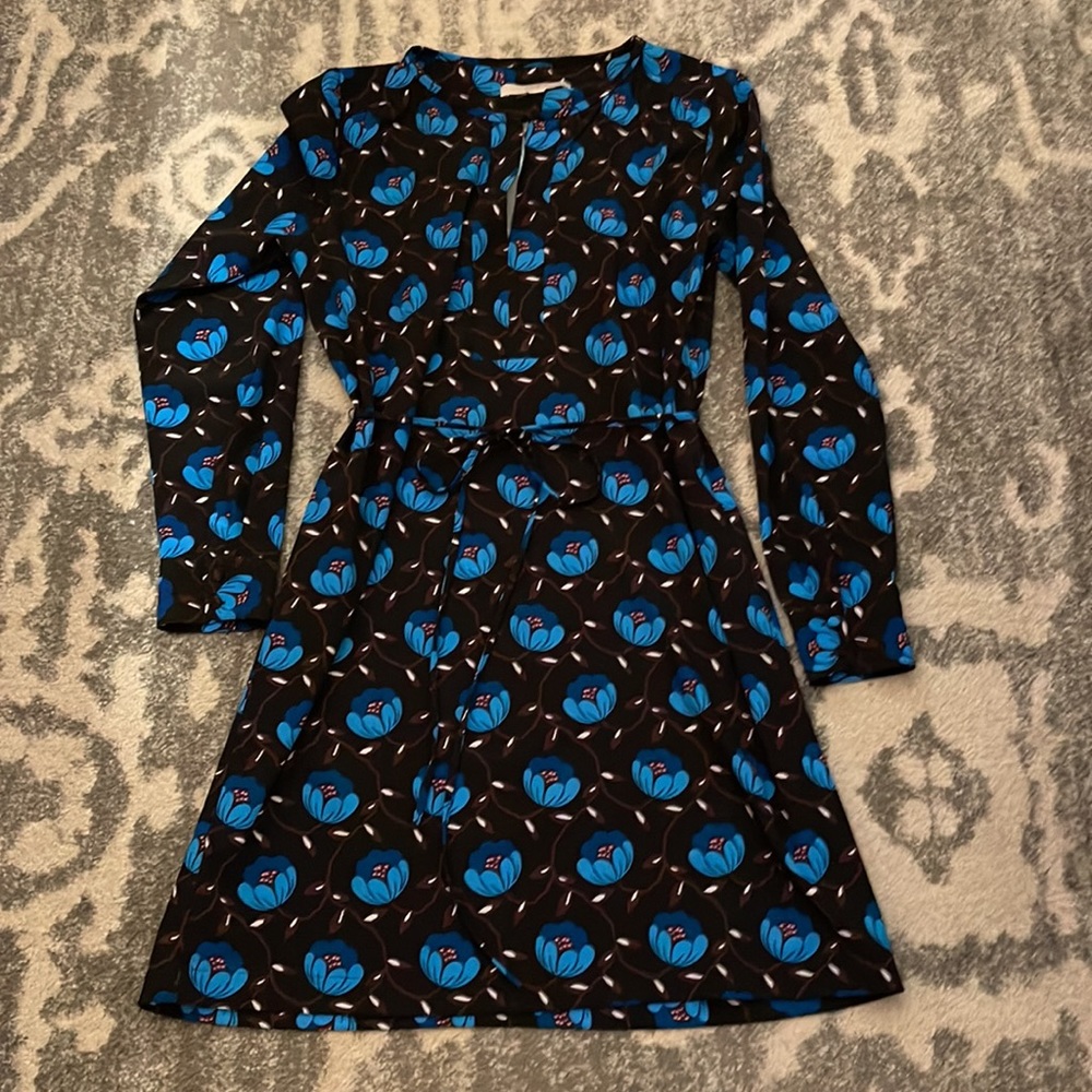 Loft Vibrant Floral Dress in Black, Blue, Brown and Cream Women’s Size Small
